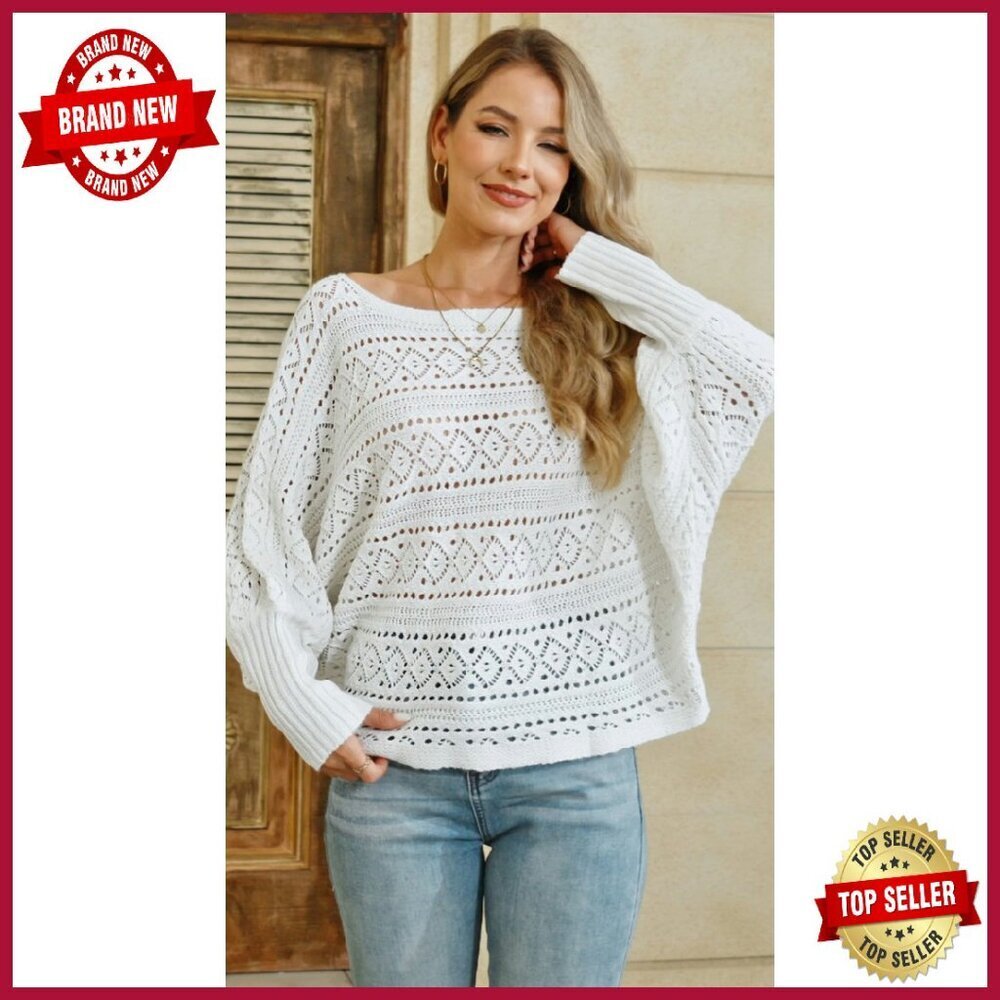 Oversized Crochet Sweater Off Shoulder Dolman Sleeve Lightweight Pullover - Picture 8 of 8